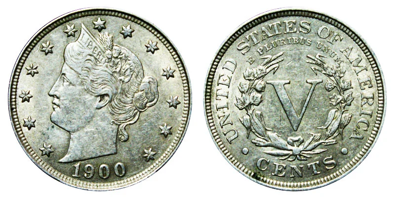 1900 Liberty Head Nickel obverse and reverse showing Liberty portrait and V CENTS design