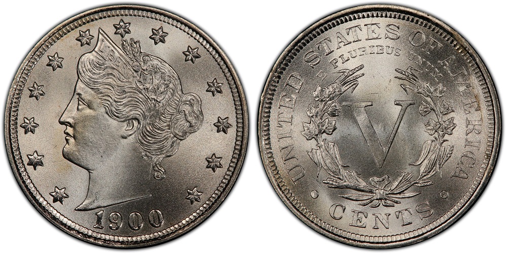 Side-by-side comparison of normal 1900 Liberty nickel reverse versus the DDR FS-801 doubled die reverse showing secondary V impression