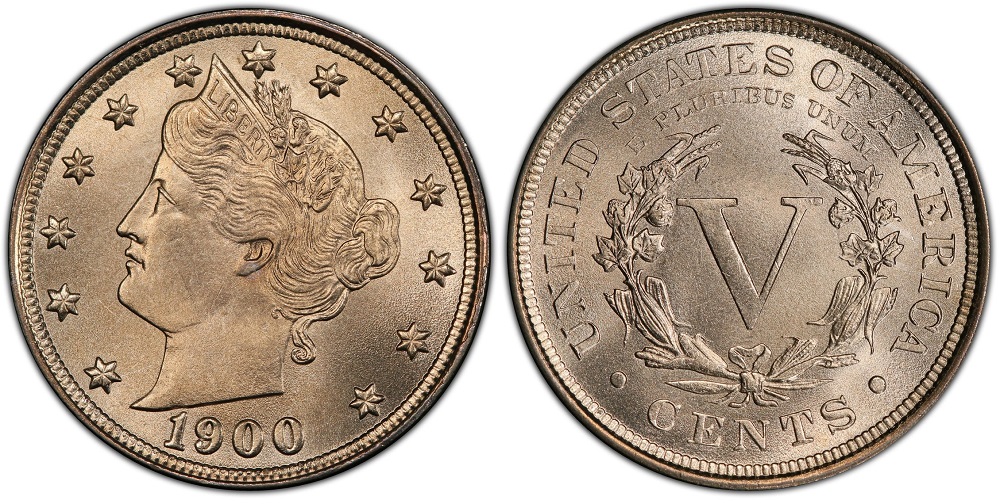 1900 Liberty nickel date area showing repunched date variety with secondary digit impressions visible under magnification