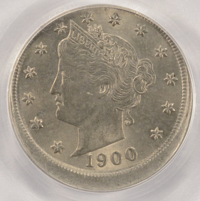 1900 Liberty Head nickel off-center strike error showing shifted design with blank planchet crescent visible