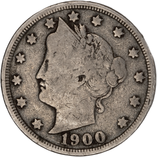 1900 Liberty Head nickel lamination error showing surface flap or peeling in the copper-nickel alloy planchet