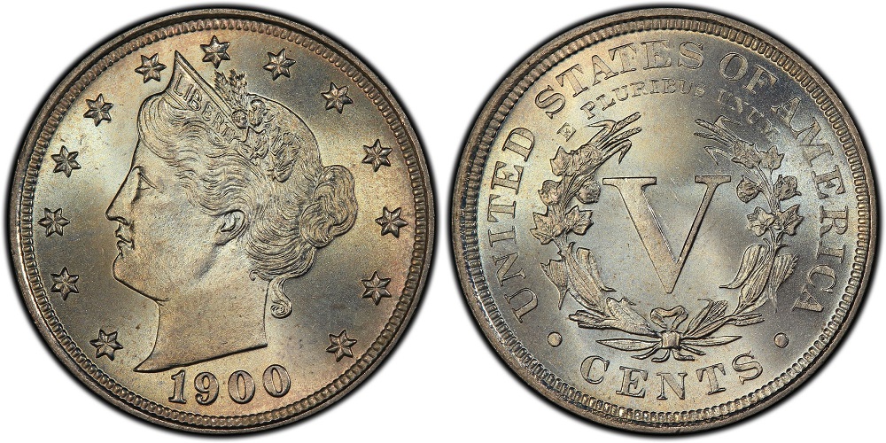 Historical Philadelphia Mint or group of 1900 Liberty Head nickels showing various grades from worn to uncirculated