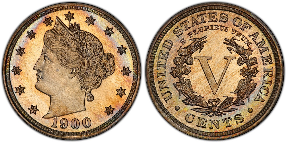 Grading strip showing four 1900 Liberty Head nickels in ascending condition: Good, Fine, Extremely Fine, and Mint State